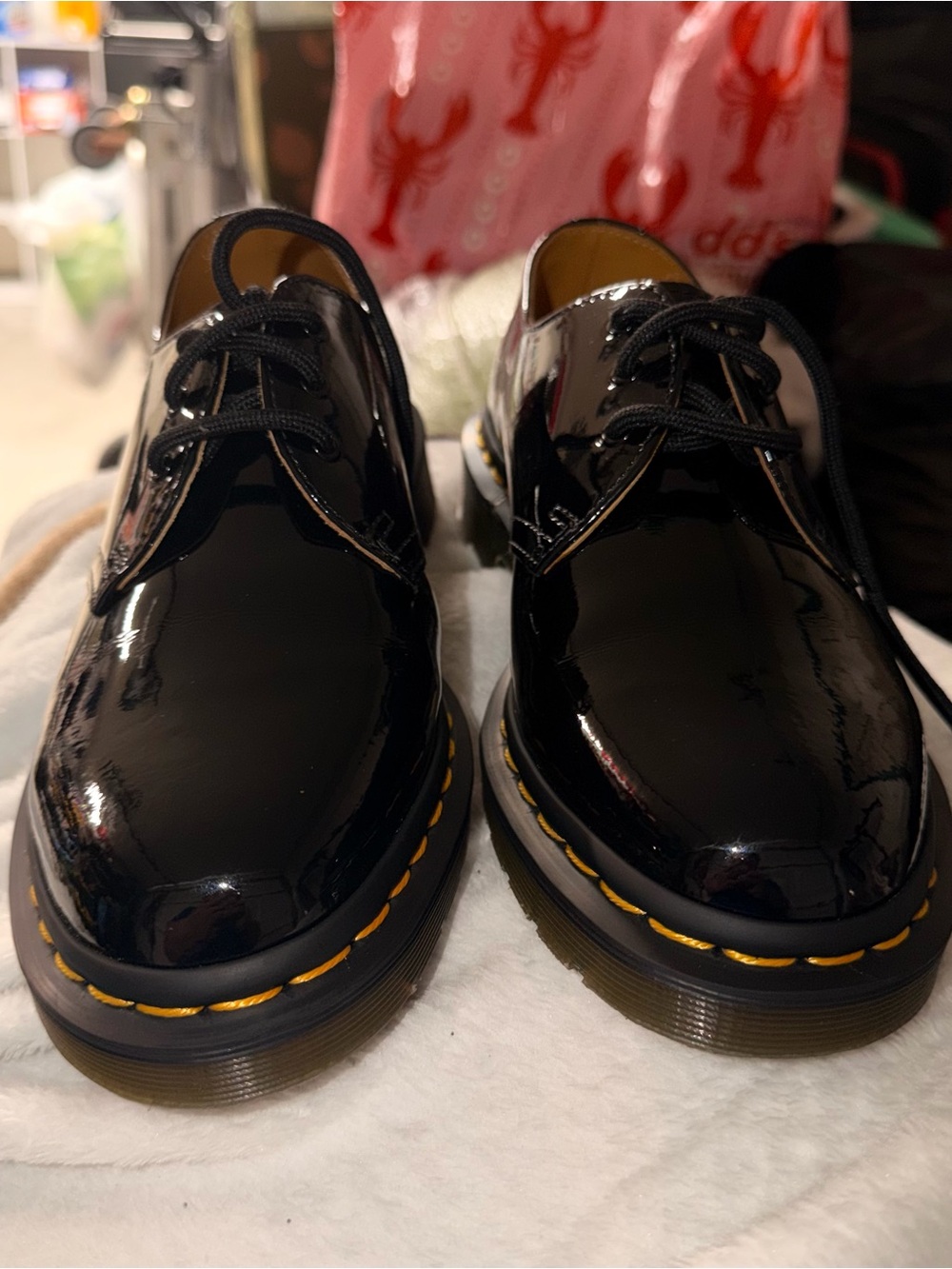 Dr. Martens Black Patent 3-Eye Derby Shoes with Yellow Stitching